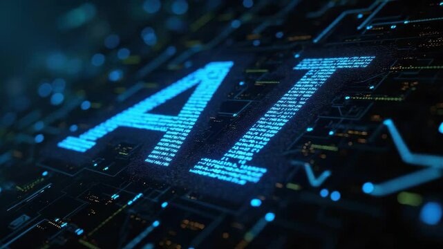 Futuristic digital AI concept with glowing blue letters, artificial intelligence, technology, innovation, data, circuit board pattern, blue neon light, digital circuit, cyber network, modern computer - Powered by Adobe