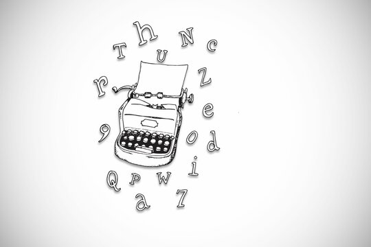 Fototapeta Vintage manual typewriter is displaying blank sheet and floating characters in line art, copy space