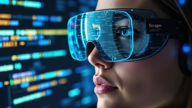Futuristic woman with augmented reality glasses and digital code reflecting lenses, technology innovation, immersive experience, blue light, modern interface, focused expression, experience