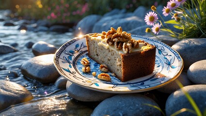 Cake with nuts near flowing stream evokes peaceful natural scene
