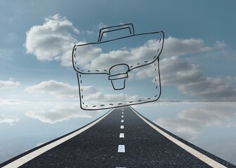 Drawn bag on sky background with road