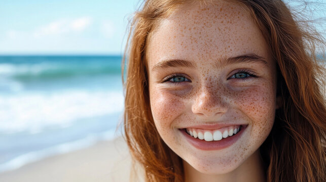 Close-up of a smiling girl with freckles, standing barefoot on a Swedish beach with soft waves in the background.