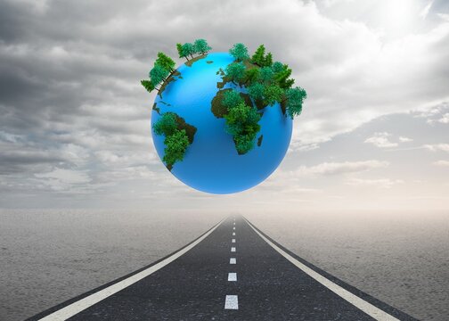 Fototapeta Digitally generated earth floating over street