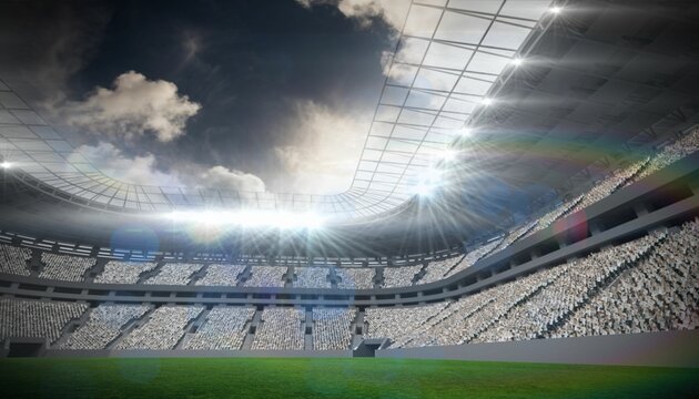 Flat design stadium interior is showing green grass field, tiered seats, lights, open roof - Powered by Adobe