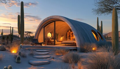 Curved concrete home in desert sunset