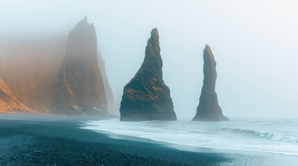 Misty sea stacks rise from black sand beach