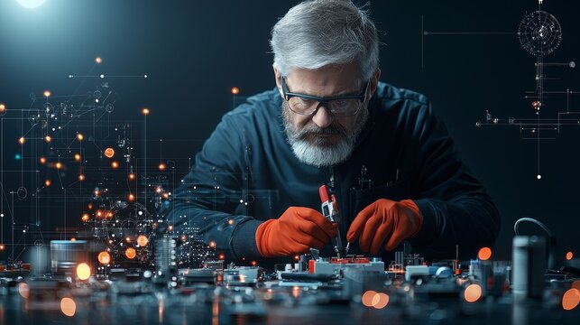 Innovative engineer working on circuit design high-tech lab digital art modern environment close-up view precision and creativity