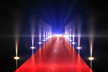 Glossy red carpet walkway leading through flat design dark stage casting warm-cool spotlight beams