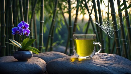 Drinking Green Tea Next to Orchid with Bamboo Forest Scenery
