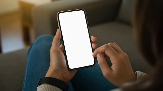 A woman uses a smartphone with a blank screen while relaxing on a sofa