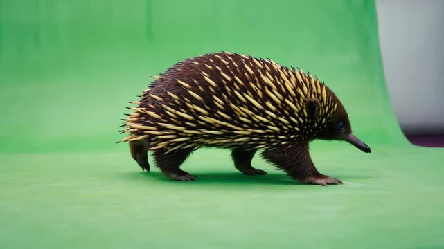 Echidna walks across a green surface showcasing its unique spiny coat and distinctive snout