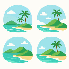 Set Four Cartoon summer landscape. Nature paradise island view, green hills, ocean wave and sky landscape flat vector illustration. Ocean view panorama
