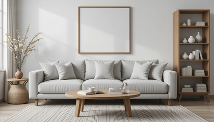 Frame mockup, ISO A paper size. Living room wall poster mockup. Interior mockup with house background. Modern interior design,3D render,mock up poster frame in modern interior background