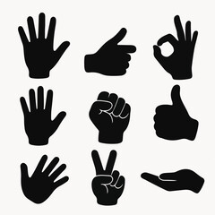 Fototapeta premium Set Vector Hands silhouettes. Cartoon human hands signs, hand palms gestures flat vector illustration set. Hands signs silhouettes