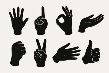 Set Vector Hands silhouettes. Cartoon human hands signs, hand palms gestures flat vector illustration set. Hands signs silhouettes