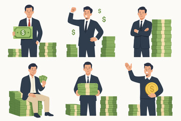 Successful rich man. Male character with money stack, financial well-being, men making, saving or investing money flat vector illustration. Financially successful male 