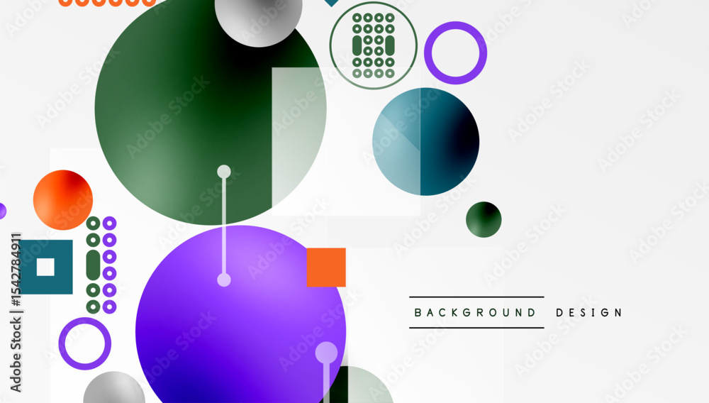 Poster Abstract geometric shapes overlap, creating vibrant colorful composition. Circles, squares, lines form modern design elements.