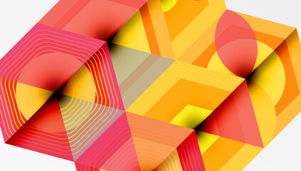 Abstract geometric composition. Warm colors dominate, featuring hexagons, lines, circles, overlapping shapes. Modern design, vibrant, dynamic.