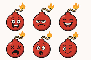 Funny bomb characters. Cartoon bombs with comical face emotions, cute red bomb mascots flat vector illustration set. Comic bombshells with burning wick
