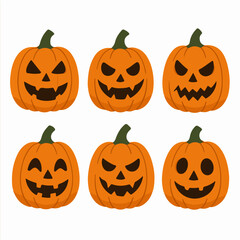 Halloween carved pumpkins. Cartoon pumpkin jack-o-lanterns, scary Halloween decorations flat vector illustration set. Evil pumpkin faces
