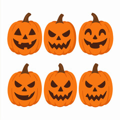 Halloween carved pumpkins. Cartoon pumpkin jack-o-lanterns, scary Halloween decorations flat vector illustration set. Evil pumpkin faces
