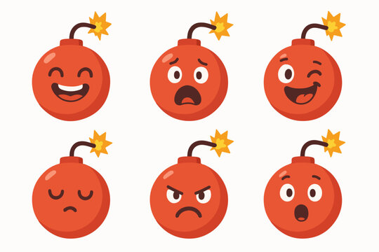 Funny bomb characters. Cartoon bombs with comical face emotions, cute red bomb mascots flat vector illustration set. Comic bombshells with burning wick