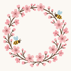 Sakura frame. Japanese blooming cherry pink flowers frame, sakura blossom branch round wreath with bees flat vector illustration. Cherry blossom border