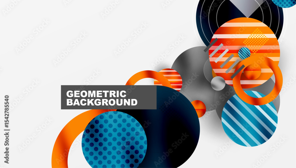 Poster abstract geometric shapes overlap, creating dynamic composition. orange, blue, gray tones dominate d