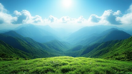 Obraz premium Mountain vista green slope, cloudy sky, distant peaks