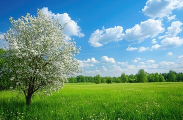 Obraz premium Blossoming tree in a vibrant green field under a partly cloudy blue sky