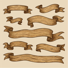 Wooden ribbons. Rustic blank sign boards and ribbon planks, vintage curved banners flat vector illustrations set. Rustic wooden ribbon planks
