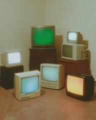 Vintage Computer Towers and CRT Monitors Wall Installation with Glowing Screens in Retro Y2K Aesthetic for Tech and Digital Art and Sustainability Awareness