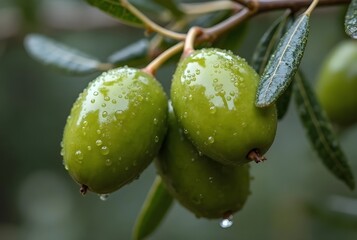 Obraz premium Close up of fresh, unripe green olives and a green apple, healthy organic fruit on a branch