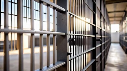 View down corridor between prison cells with iron bars creating caged, restricted environment and concept of confinement. - Powered by Adobe