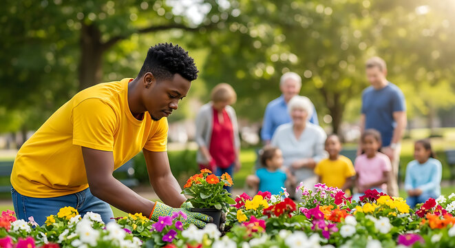 Diverse Community Volunteers Planting Flowers in a Park Garden