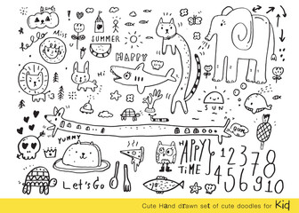 Collection of hand drawn cute doodles,Doodle children drawing,Sketch set of drawings in child style,Funny Doodle Hand Drawn,Page for coloring, cute animal hand drawn, cute Doodle