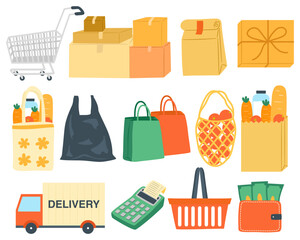 Daily Market and Shopping Handdrawn Illustration. Market Day Elements Handdrawn Shopping and Delivery Set. Organic Shopping and Delivery Illustration