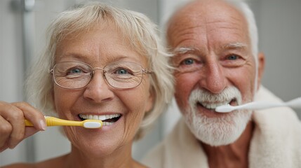 Senior Woman Brushing Teeth In Bathroom. Morning Hygiene Routine With Toothbrush And Toothpaste For Dental Care In Retirement Home. Health And Cleaning Concept.