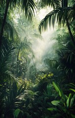 Naklejka premium Lush jungle path bathed in sunlight