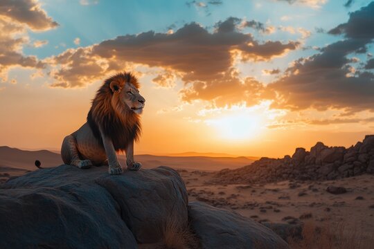 Majestic lion resting on desert rock during stunning sunset in the wild, Lion sitting on a desert rock with the sunset behind