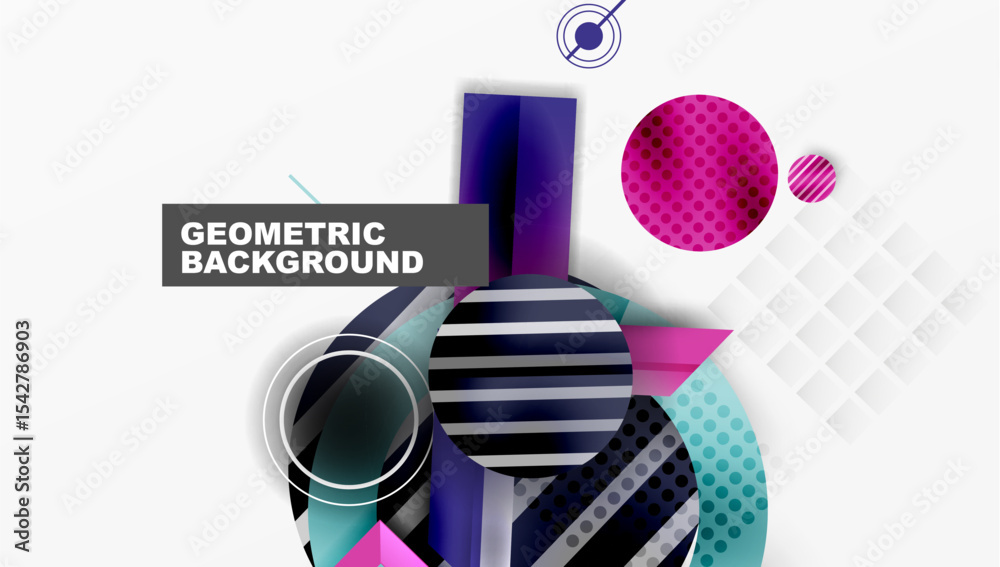 Poster abstract geometric design. shapes overlap, creating dynamic composition. blue, purple, pink hues dom