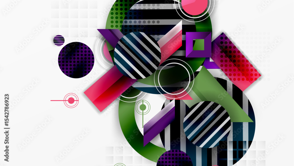 Poster Abstract geometric composition. Stripes, circles, squares overlap creating dynamic visual effect. Modern design elements present.