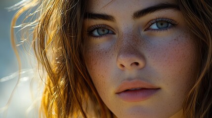 Close-up portrait of a young woman with freckles, outdoors
