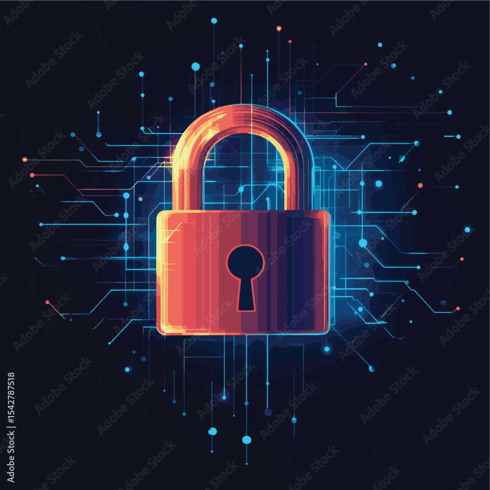 Poster Closed Padlock on digital background, cyber security, vector style simple color