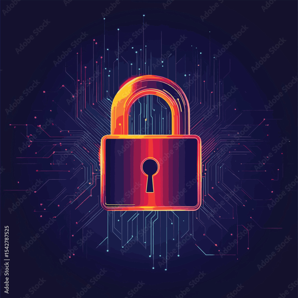 Poster closed padlock on digital background, cyber security, vector style simple color