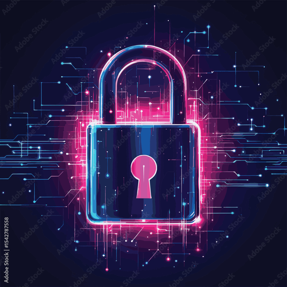 Poster closed padlock on digital background, cyber security, vector style simple color