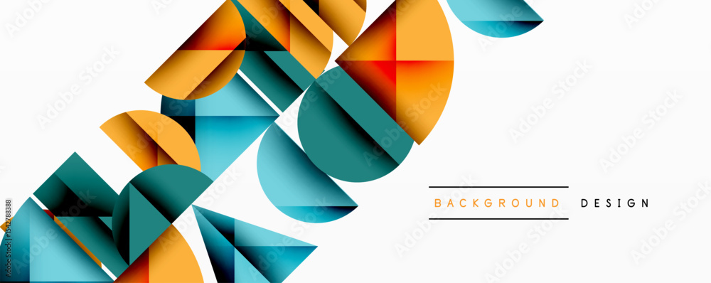 Poster Abstract geometric shapes overlap, creating dynamic visual texture. Orange, teal, blue hues dominate clean white background. Modern design element.
