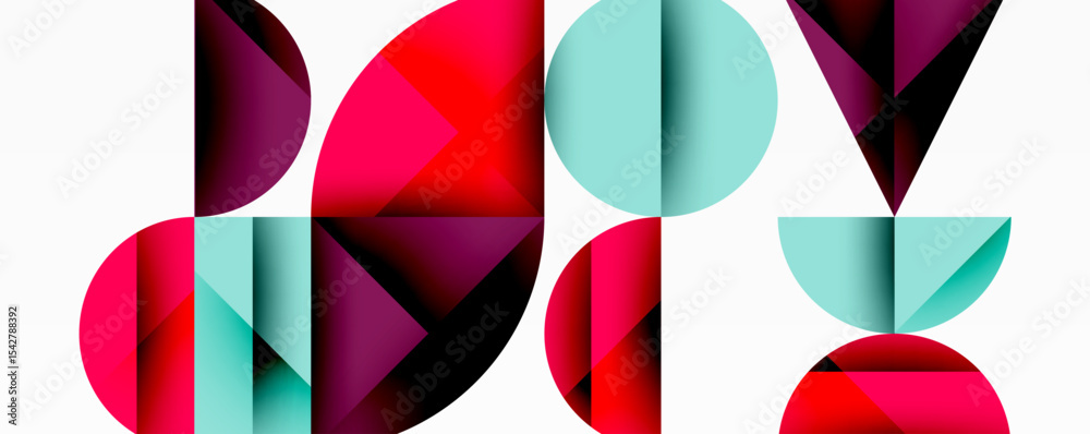 Poster abstract geometric composition. shapes overlap, creating vibrant visual rhythm. red, teal, maroon do