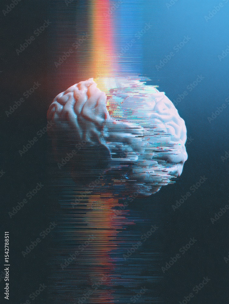 Poster Fractured Brain With Glitch Effect on Dark Gradient Background Emphasizing Central Theme of Distorted Perception and Technological Influence