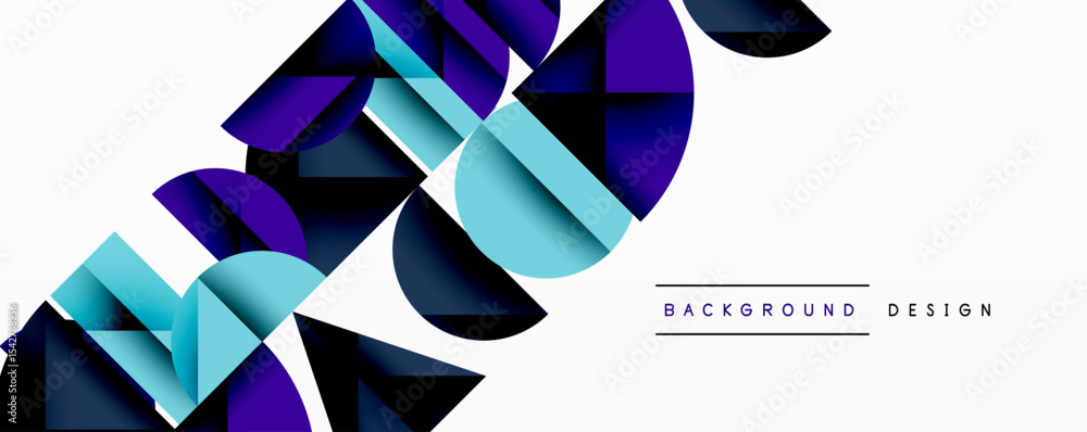 Poster Abstract geometric shapes overlap, creating dynamic composition. Blue, purple hues dominate white background. Modern design element.